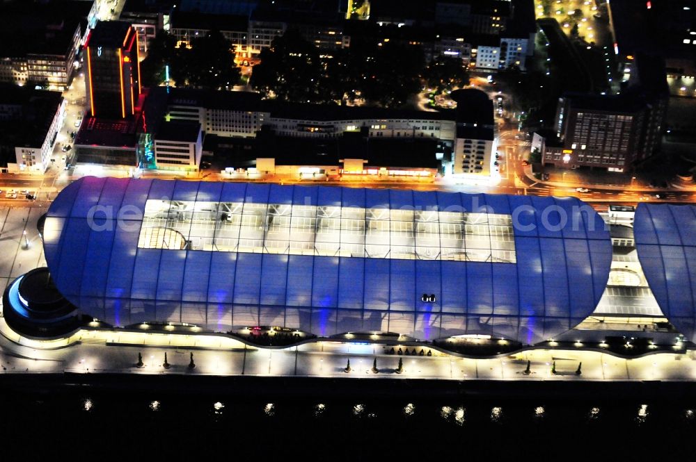 Ludwigshafen am Rhein at night from above - Night lighting building of the shopping center Rhein-Galerie in Ludwigshafen am Rhein in the state Rhineland-Palatinate, Germany