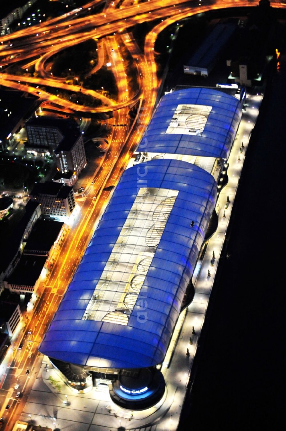 Ludwigshafen am Rhein at night from above - Night lighting building of the shopping center Rhein-Galerie in Ludwigshafen am Rhein in the state Rhineland-Palatinate, Germany