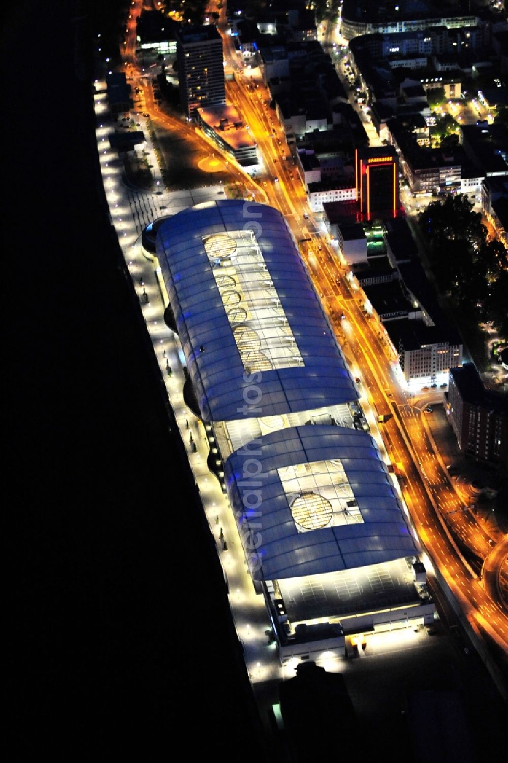 Ludwigshafen am Rhein at night from above - Night lighting building of the shopping center Rhein-Galerie in Ludwigshafen am Rhein in the state Rhineland-Palatinate, Germany