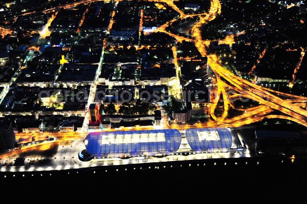 Aerial image at night Ludwigshafen am Rhein - Night lighting building of the shopping center Rhein-Galerie in Ludwigshafen am Rhein in the state Rhineland-Palatinate, Germany