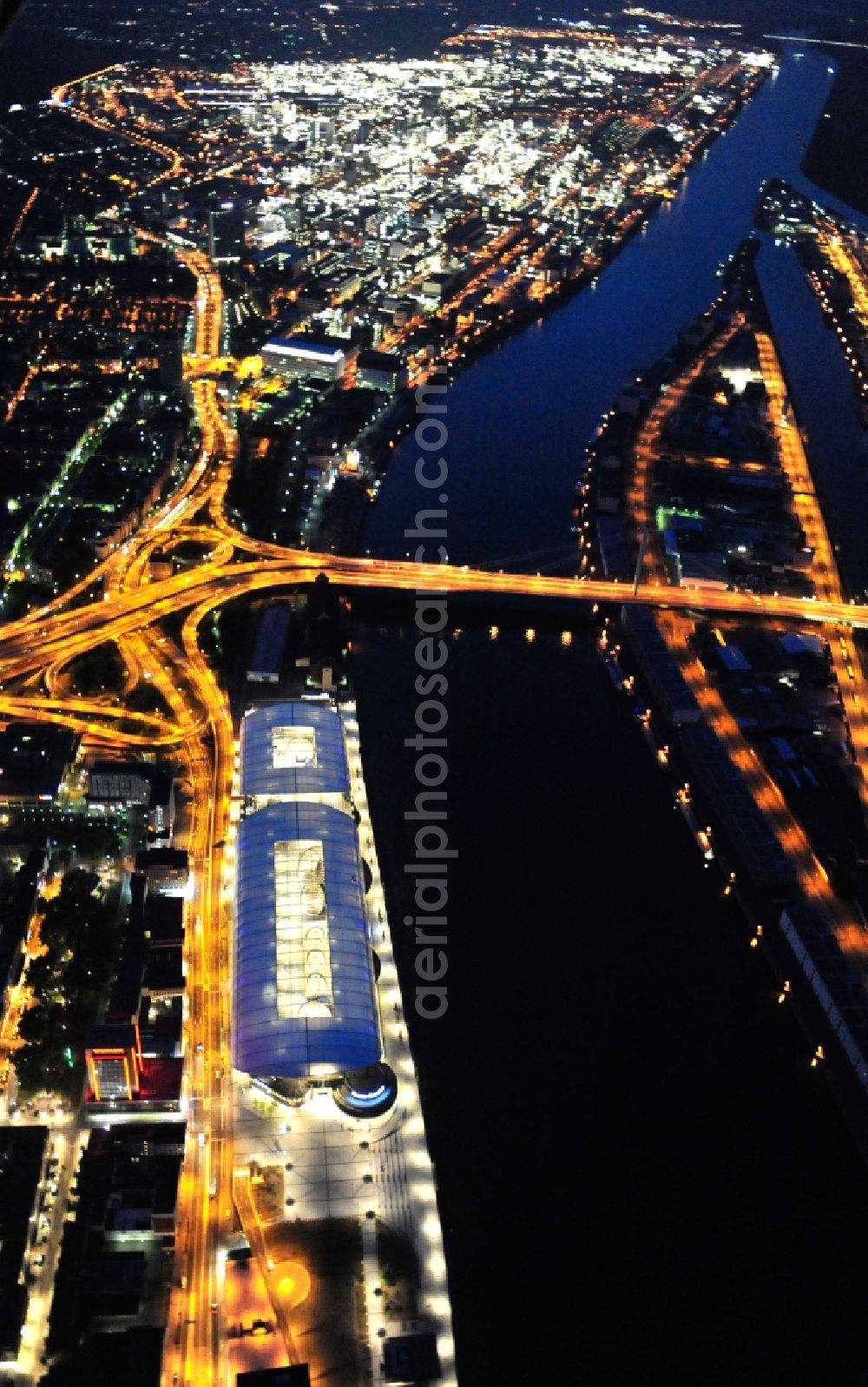 Ludwigshafen am Rhein at night from above - Night lighting building of the shopping center Rhein-Galerie in Ludwigshafen am Rhein in the state Rhineland-Palatinate, Germany