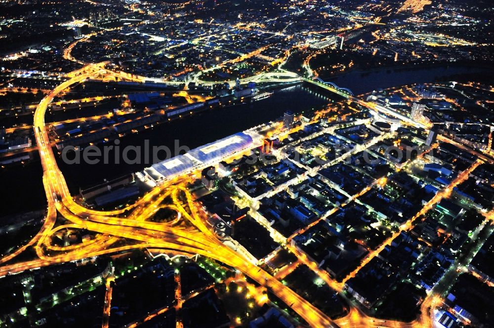 Ludwigshafen am Rhein at night from the bird perspective: Night lighting building of the shopping center Rhein-Galerie in Ludwigshafen am Rhein in the state Rhineland-Palatinate, Germany