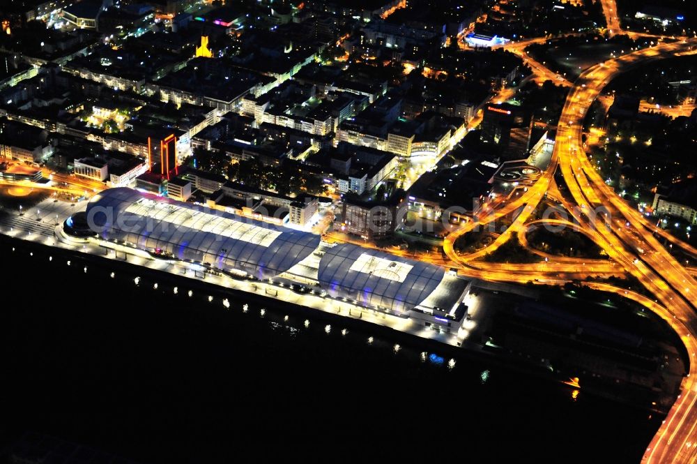 Ludwigshafen am Rhein at night from above - Night lighting building of the shopping center Rhein-Galerie in Ludwigshafen am Rhein in the state Rhineland-Palatinate, Germany