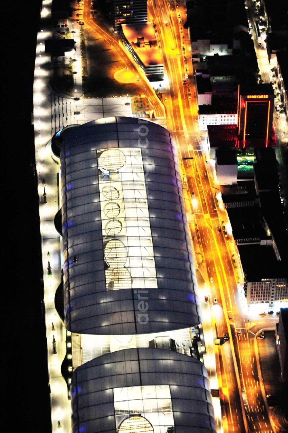 Ludwigshafen am Rhein at night from above - Night lighting building of the shopping center Rhein-Galerie in Ludwigshafen am Rhein in the state Rhineland-Palatinate, Germany