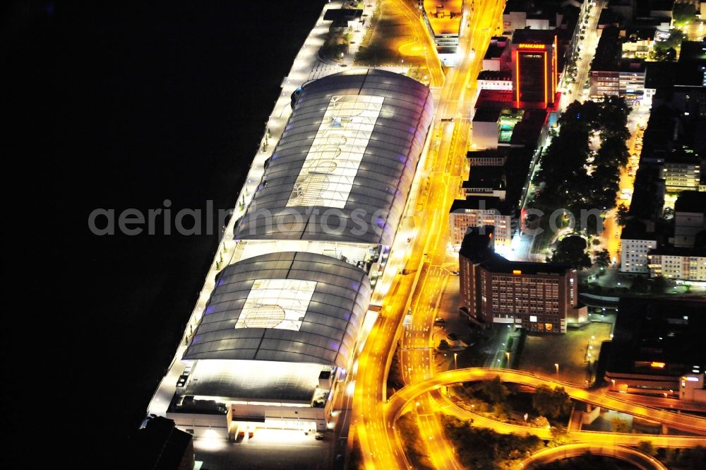 Ludwigshafen am Rhein at night from above - Night lighting building of the shopping center Rhein-Galerie in Ludwigshafen am Rhein in the state Rhineland-Palatinate, Germany