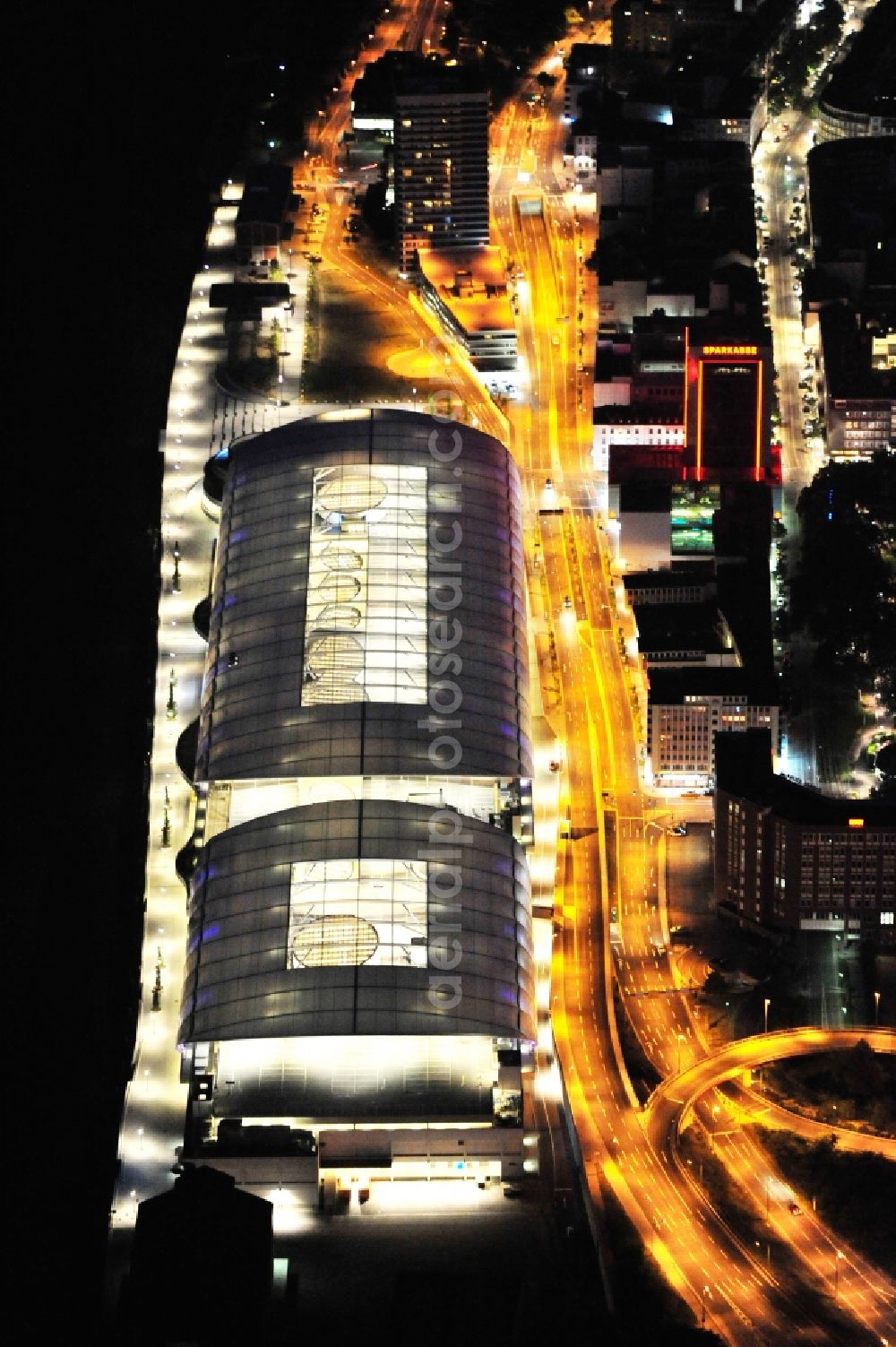 Ludwigshafen am Rhein at night from the bird perspective: Night lighting building of the shopping center Rhein-Galerie in Ludwigshafen am Rhein in the state Rhineland-Palatinate, Germany