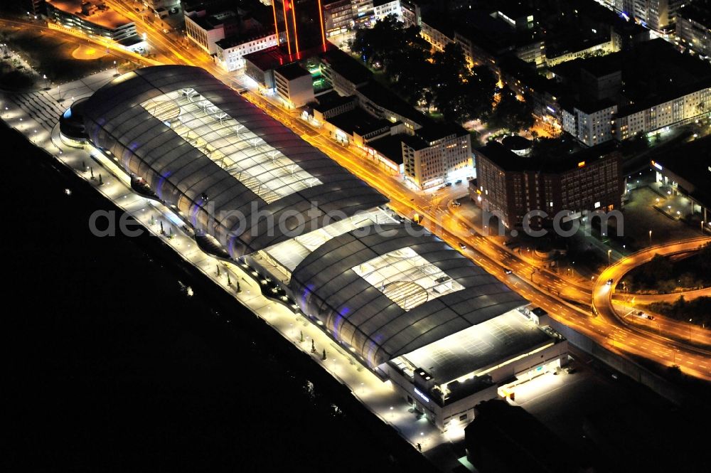 Aerial image at night Ludwigshafen am Rhein - Night lighting building of the shopping center Rhein-Galerie in Ludwigshafen am Rhein in the state Rhineland-Palatinate, Germany