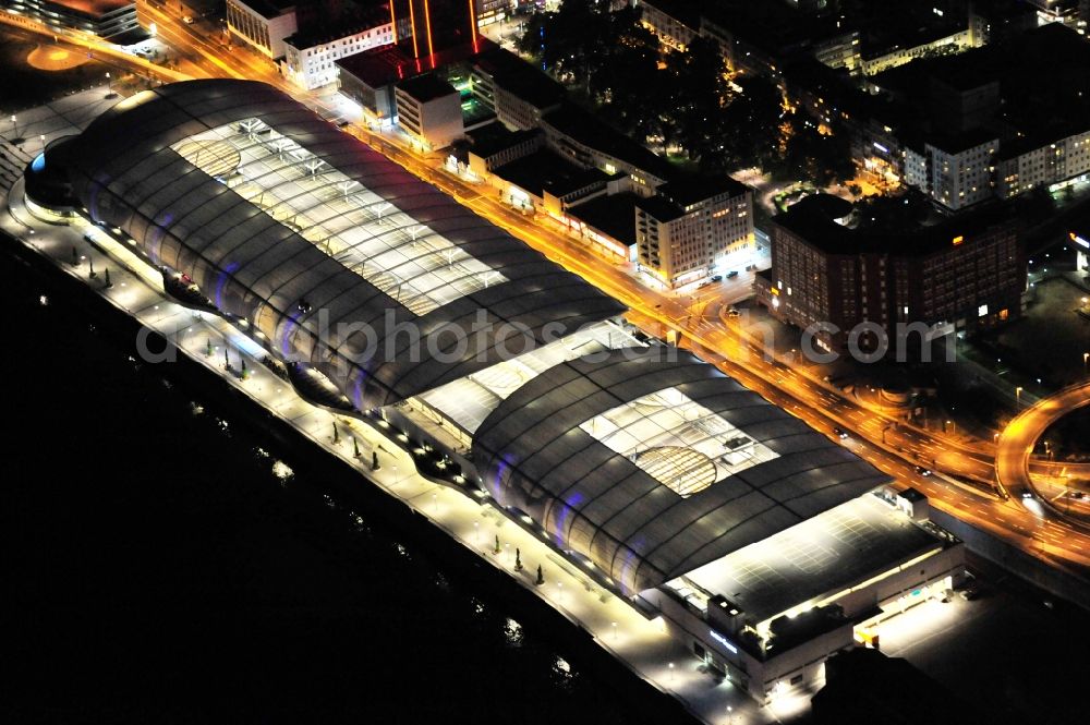 Ludwigshafen am Rhein at night from above - Night lighting building of the shopping center Rhein-Galerie in Ludwigshafen am Rhein in the state Rhineland-Palatinate, Germany