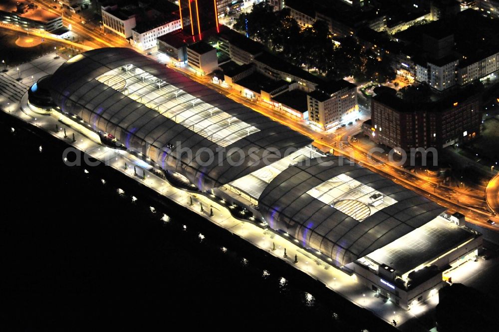 Ludwigshafen am Rhein at night from the bird perspective: Night lighting building of the shopping center Rhein-Galerie in Ludwigshafen am Rhein in the state Rhineland-Palatinate, Germany