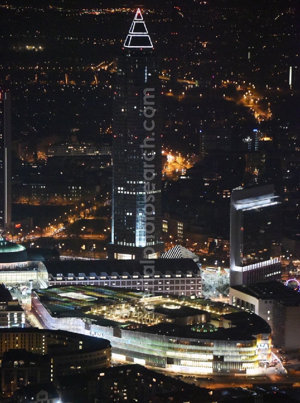 Frankfurt am Main at night from above - Night lighting building of the shopping center Skyline Plaza on Europa - Allee in the district Gallus in Frankfurt in the state Hesse, Germany