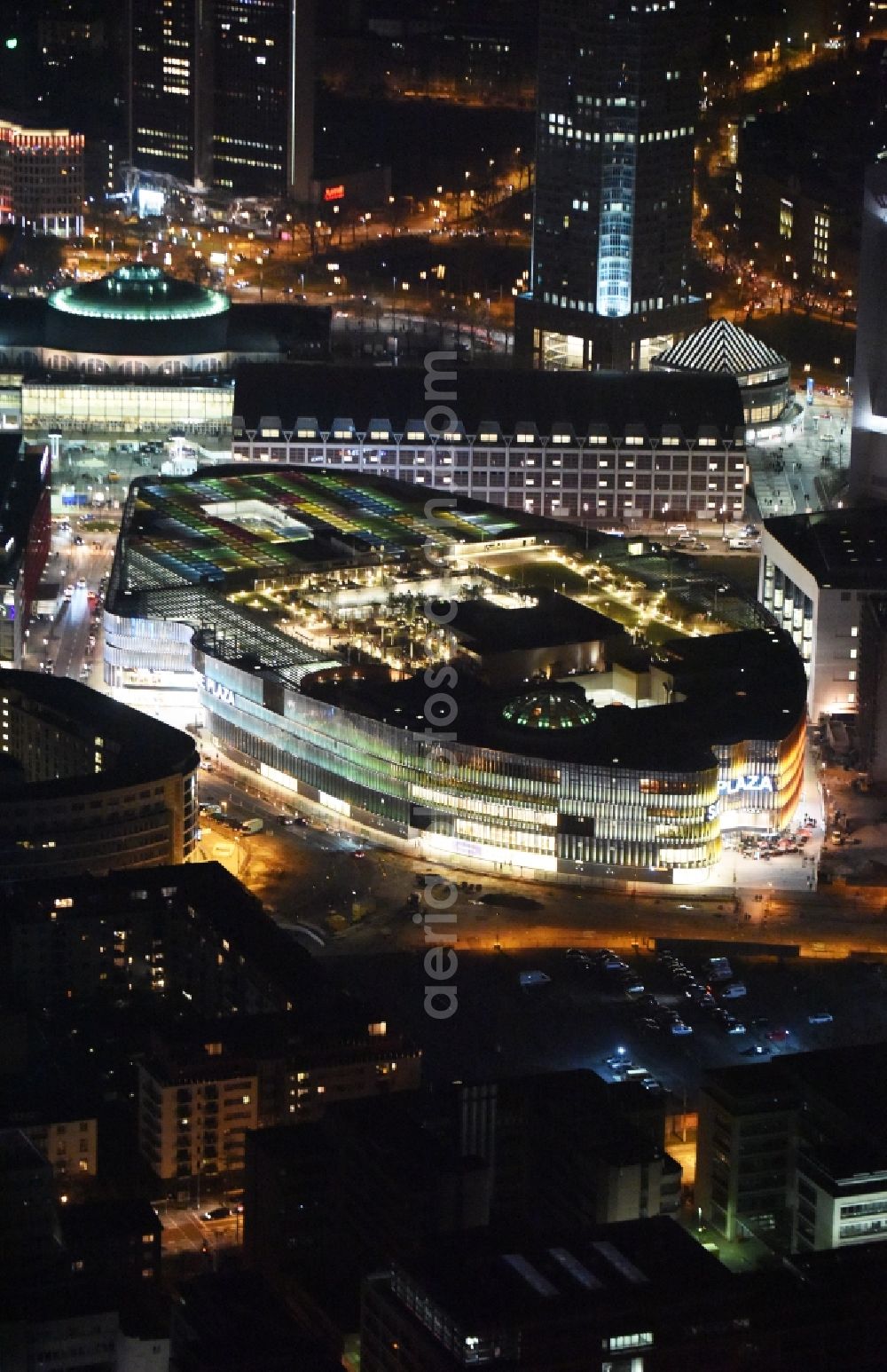 Aerial photograph at night Frankfurt am Main - Night lighting building of the shopping center Skyline Plaza on Europa - Allee in the district Gallus in Frankfurt in the state Hesse, Germany