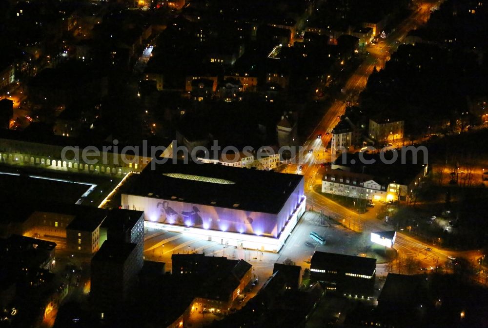 Aerial photograph at night Weimar - Night lighting Building of the shopping center Weimar Atrium on Friedensstrasse in Weimar in the state Thuringia, Germany