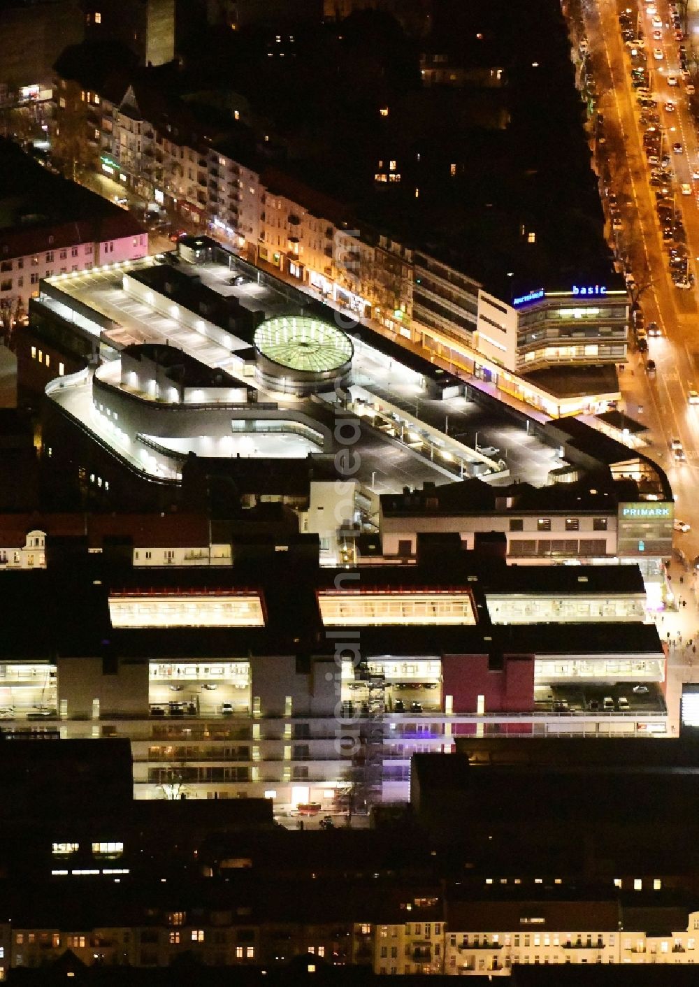 Aerial photograph at night Berlin - Night lighting at the shopping center Boulevard Berlin at Schlossstrasse, Schildhornstrasse, Lepsiusstrasse, Markelstrasse in Berlin-Steglitz