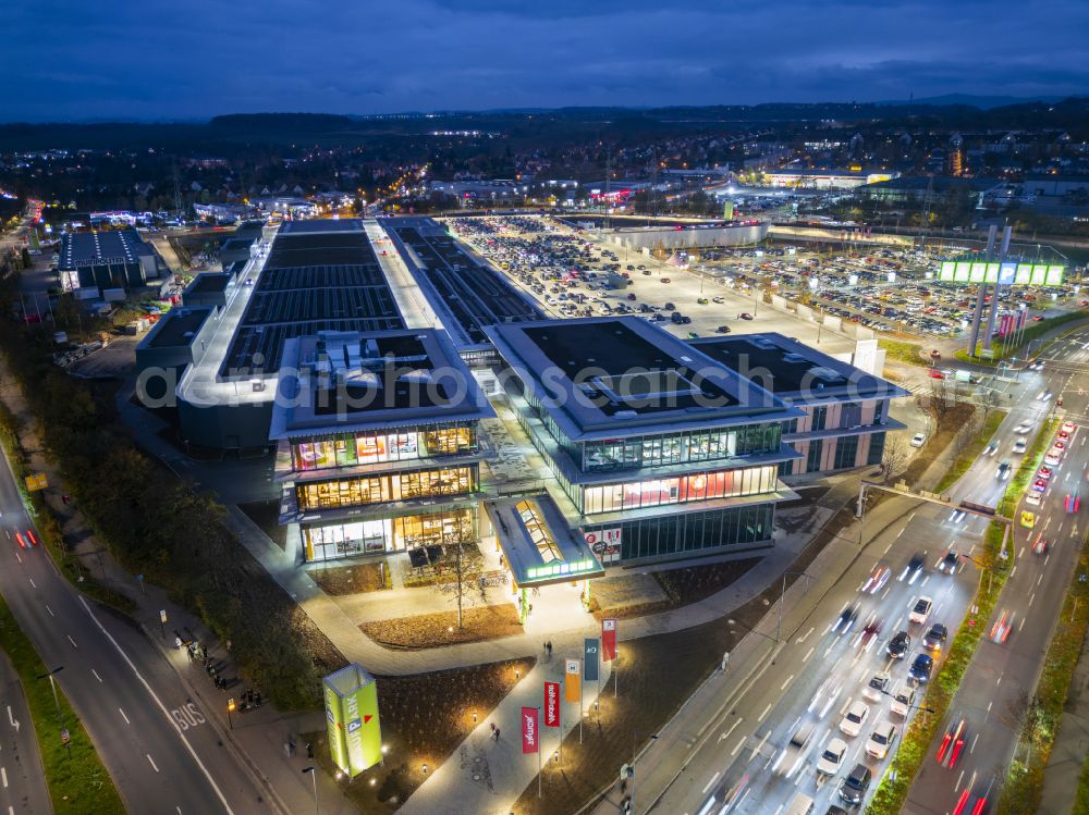 Aerial image at night Dresden - Night lighting building complex of the shopping center Kaufpark Dresden on Dohnaer Strasse in the Lockwitz district of Dresden in the state of Saxony, Germany