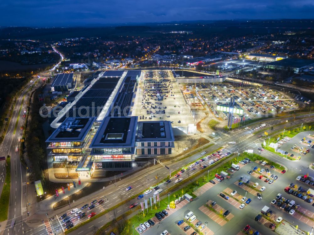 Dresden at night from above - Night lighting building complex of the shopping center Kaufpark Dresden on Dohnaer Strasse in the Lockwitz district of Dresden in the state of Saxony, Germany