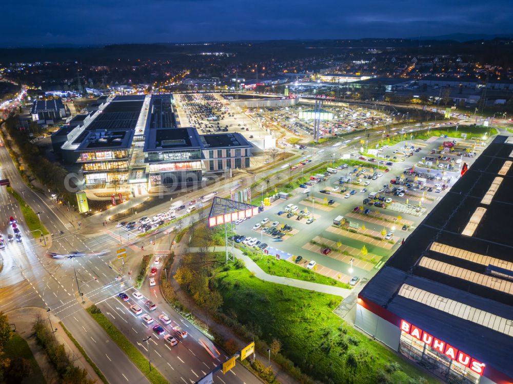 Dresden at night from above - Night lighting building complex of the shopping center Kaufpark Dresden on Dohnaer Strasse in the Lockwitz district of Dresden in the state of Saxony, Germany