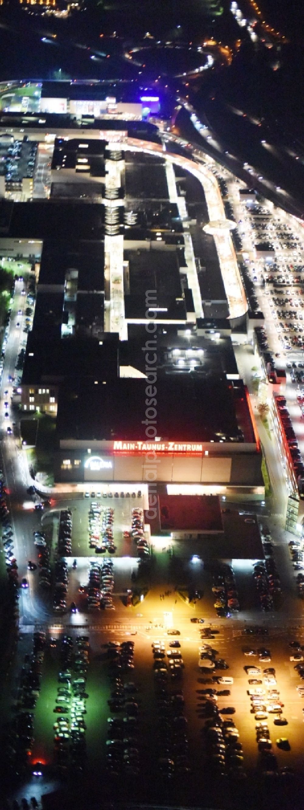 Aerial image at night Sulzbach (Taunus) - Night view Shopping center MTZ Main-Taunus - Center in Sulzbach / Hesse