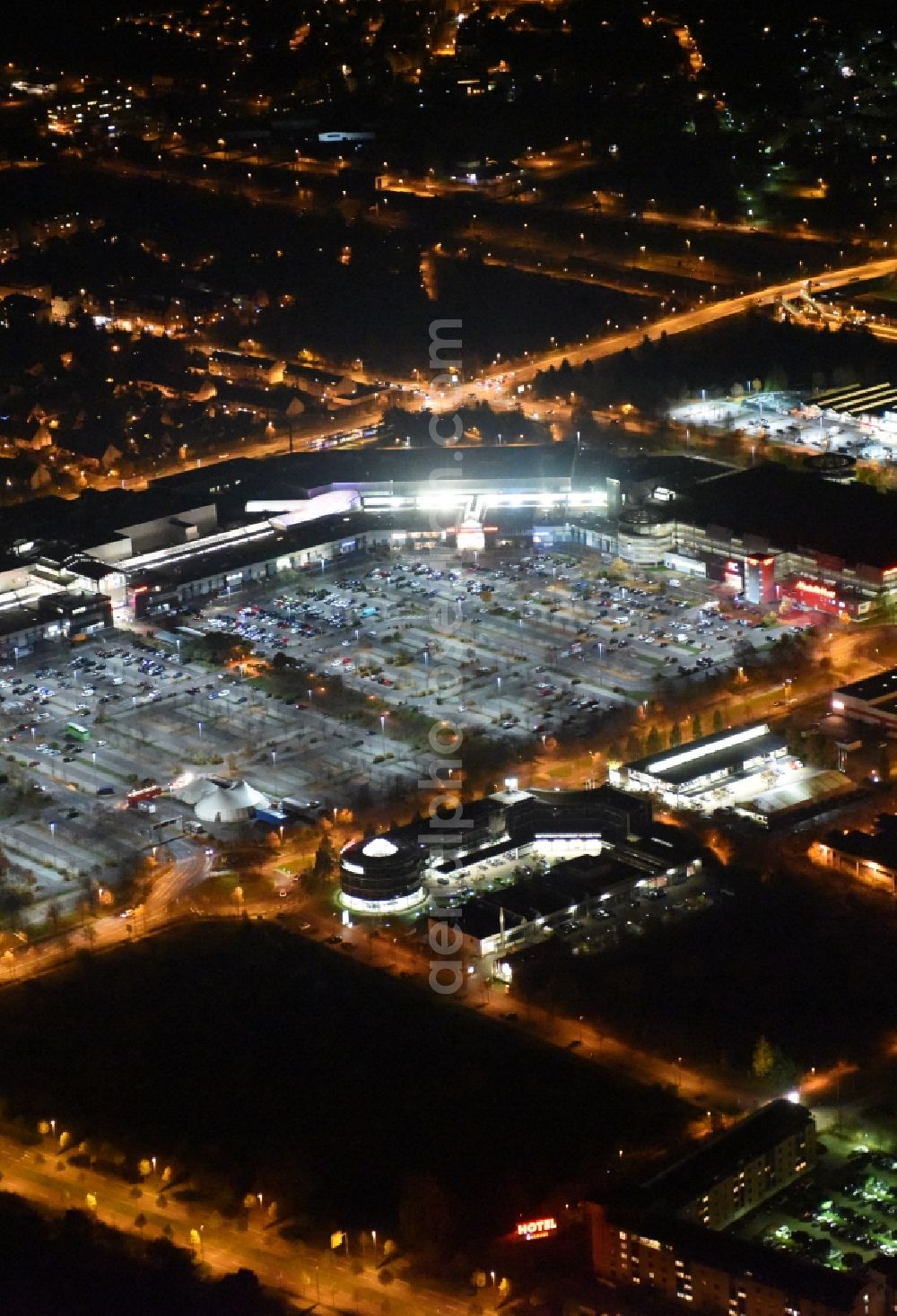 Leipzig at night from above - Building of the shopping center Paunsdorf Center of Unibail-Rodamco Germany GmbH in Leipzig in the state Saxony