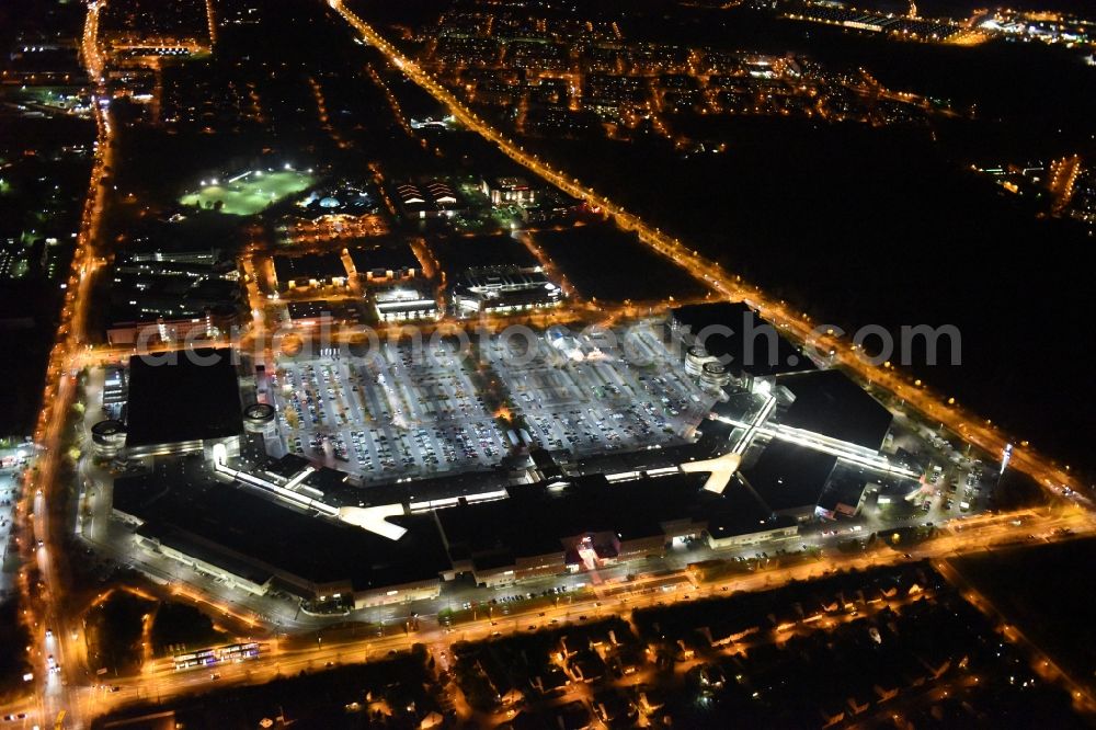 Aerial image at night Leipzig - Building of the shopping center Paunsdorf Center of Unibail-Rodamco Germany GmbH in Leipzig in the state Saxony