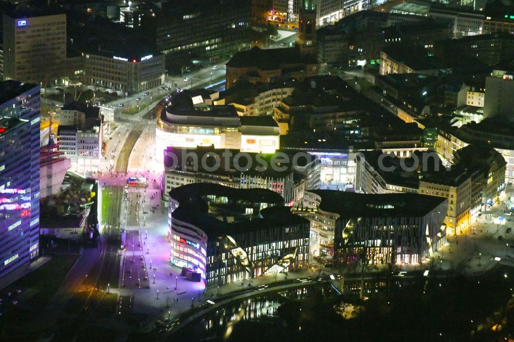 Aerial image at night Düsseldorf - Night lighting construction of retail and office property Koe-Bogen in Dusseldorf in North Rhine-Westphalia