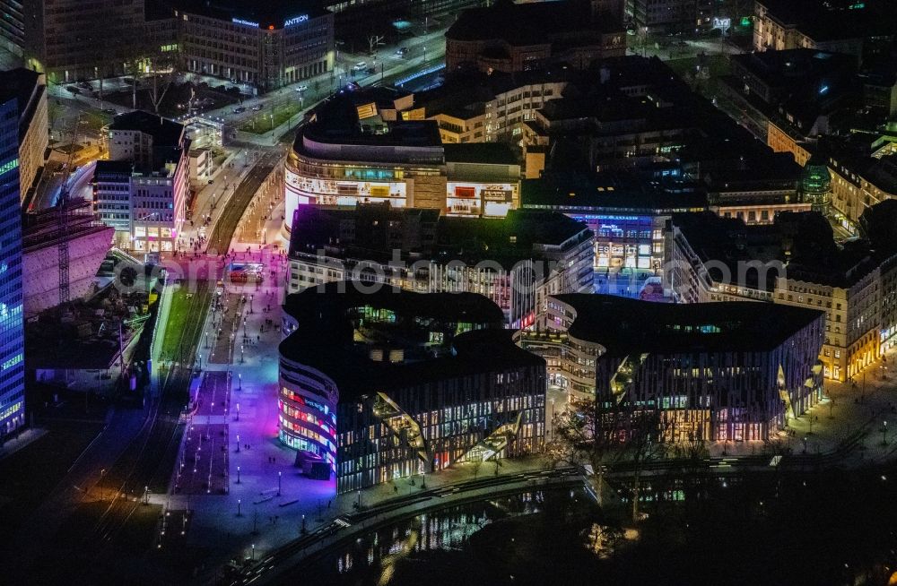 Aerial image at night Düsseldorf - Night lighting construction of retail and office property Koe-Bogen in Dusseldorf in North Rhine-Westphalia