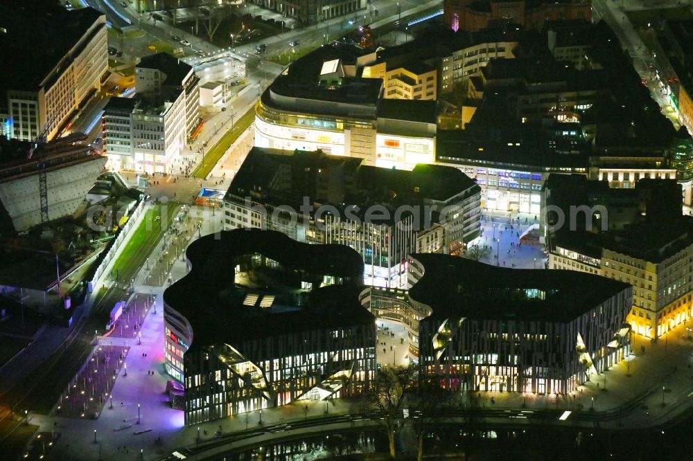 Düsseldorf at night from above - Night lighting construction of retail and office property Koe-Bogen in Dusseldorf in North Rhine-Westphalia