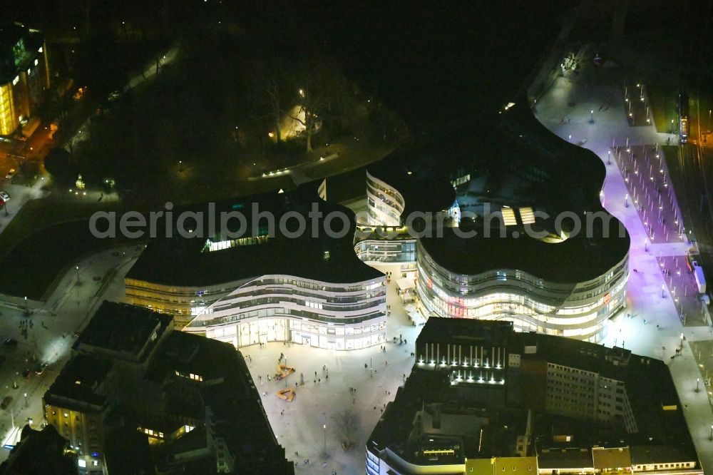 Düsseldorf at night from above - Night lighting construction of retail and office property Koe-Bogen in Dusseldorf in North Rhine-Westphalia