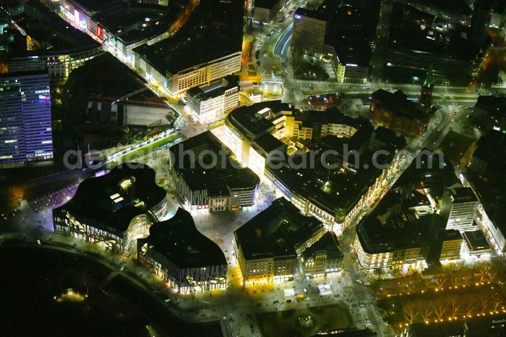 Düsseldorf at night from above - Night lighting construction of retail and office property Koe-Bogen in Dusseldorf in North Rhine-Westphalia