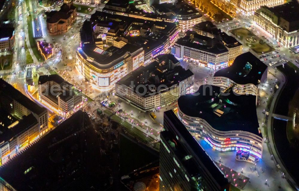 Düsseldorf at night from above - Night lighting construction of retail and office property Koe-Bogen in Dusseldorf in North Rhine-Westphalia