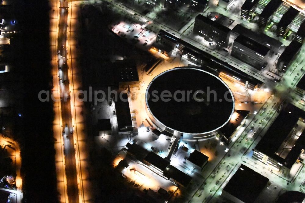 Berlin at night from the bird perspective: Night lighting The electron storage ring BESSY - the third generation synchrotron radiation source in Berlin - Adlershof