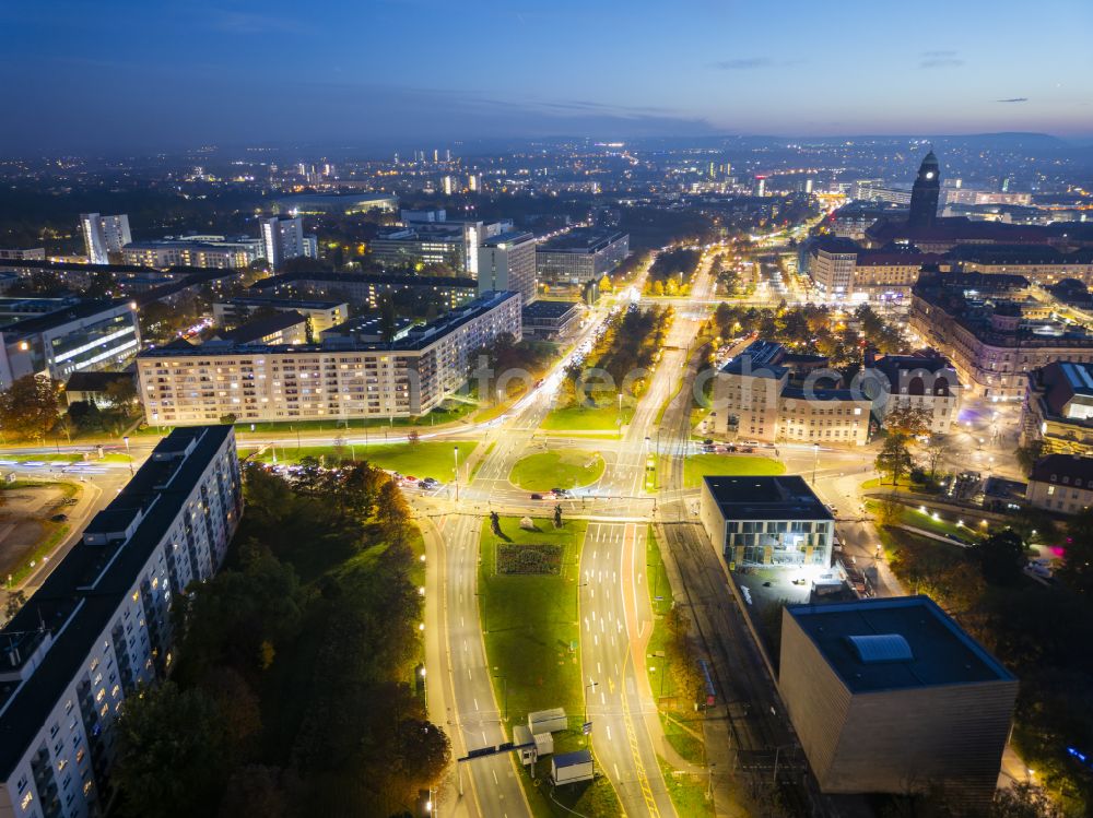 Aerial image at night Dresden - Night lighting color markings of the lanes of road traffic in the course of the road crossing on street Pillnitzer Strasse - Rathenauplatz - Akademiestrasse in Dresden in the state Saxony, Germany