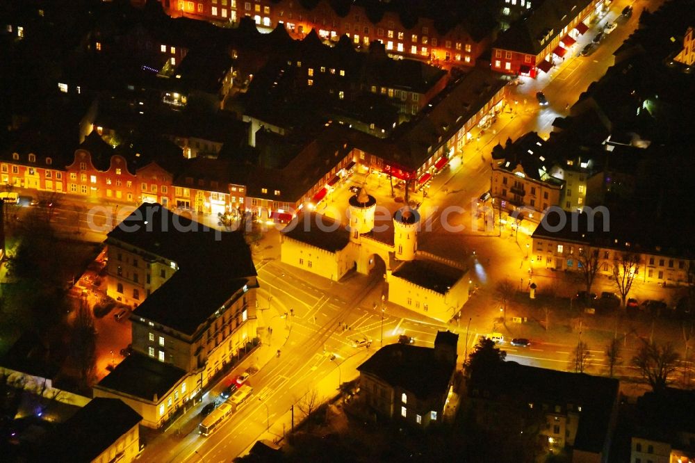 Potsdam at night from above - Night lighting Facade of the monument Nauener Tor on Friedrich-Ebert-Strasse in the district Innenstadt in Potsdam in the state Brandenburg, Germany