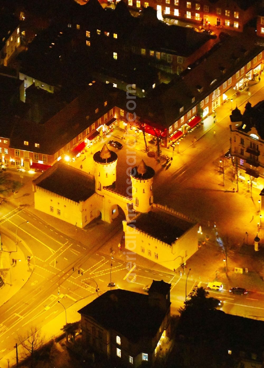 Potsdam at night from the bird perspective: Night lighting Facade of the monument Nauener Tor on Friedrich-Ebert-Strasse in the district Innenstadt in Potsdam in the state Brandenburg, Germany