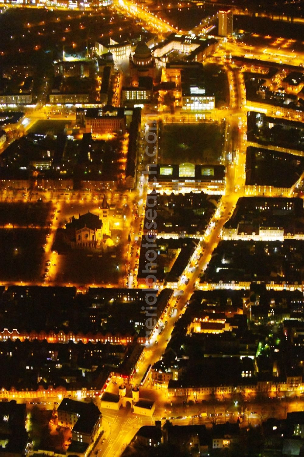 Potsdam at night from above - Night lighting Facade of the monument Nauener Tor on Friedrich-Ebert-Strasse in the district Innenstadt in Potsdam in the state Brandenburg, Germany