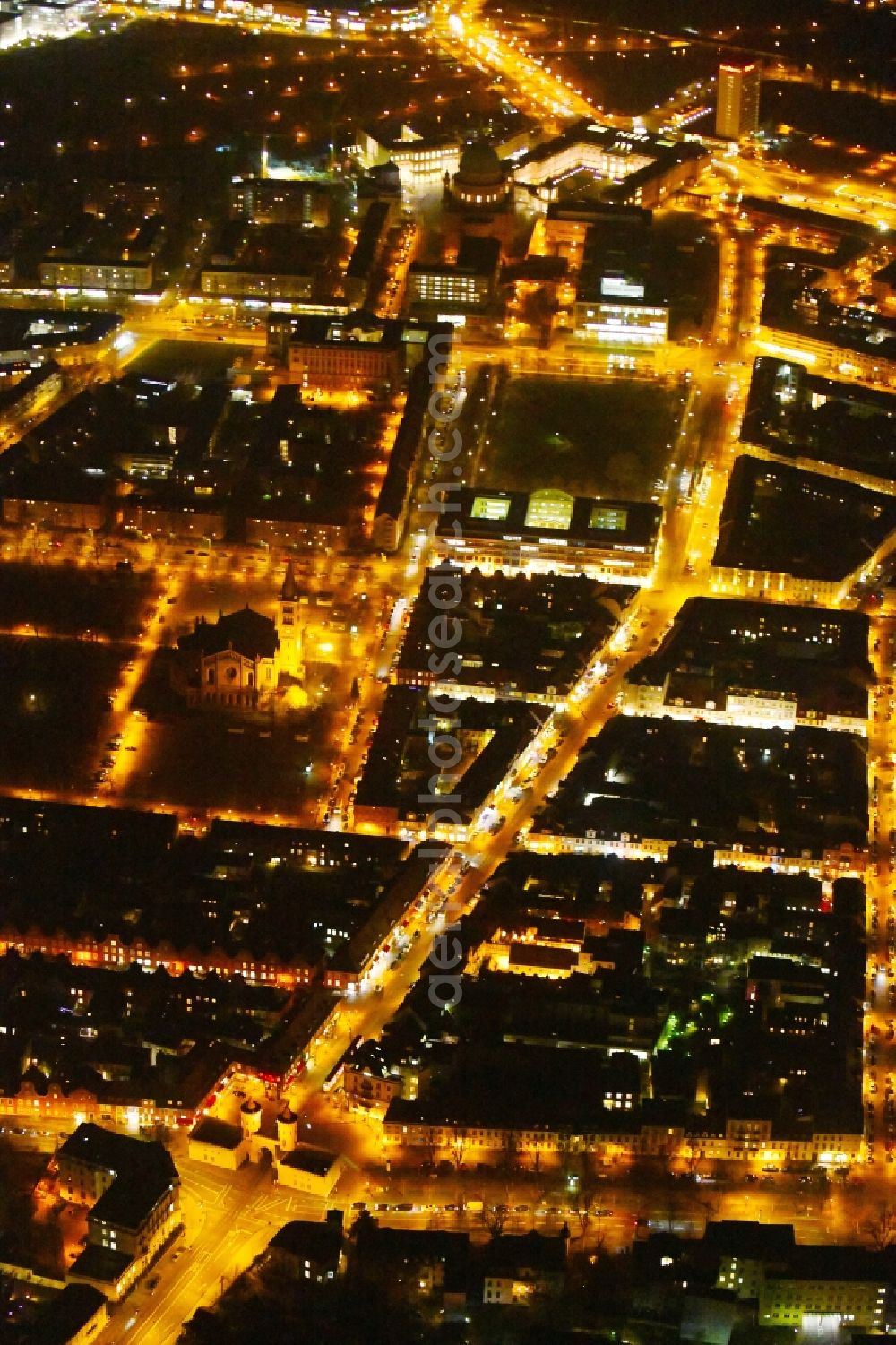 Potsdam at night from the bird perspective: Night lighting Facade of the monument Nauener Tor on Friedrich-Ebert-Strasse in the district Innenstadt in Potsdam in the state Brandenburg, Germany