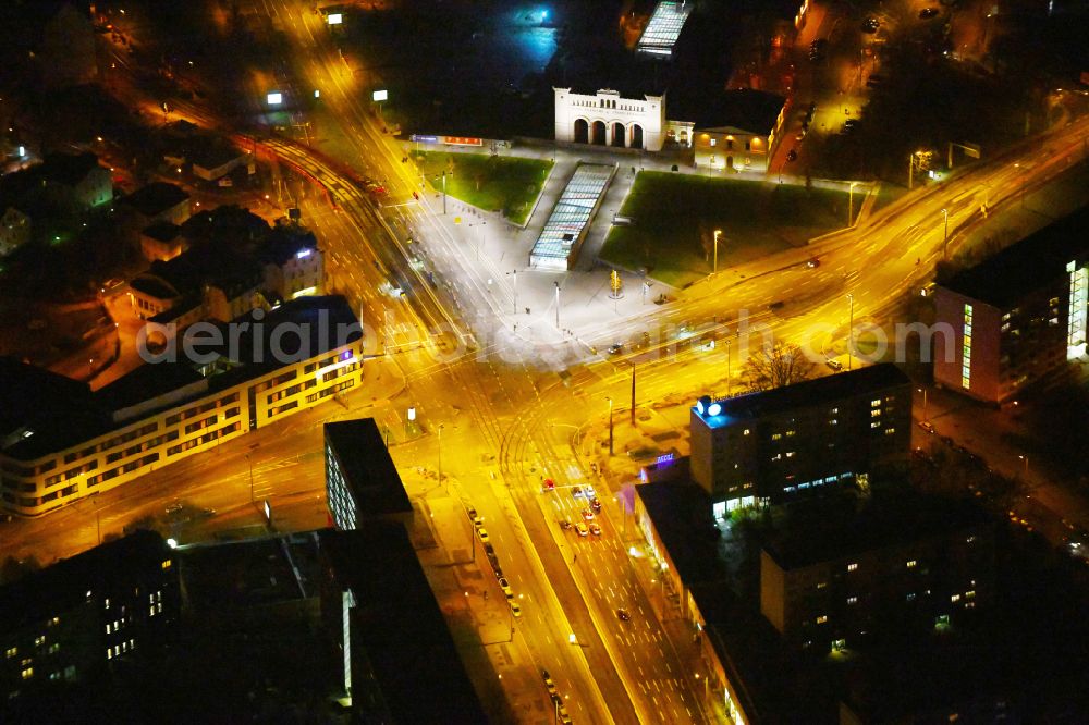 Leipzig at night from above - Night lighting facade of the monument Saechsisch-Bayerischer Bahnhof on place Bayrischer Platz in the district Zentrum-Suedost in Leipzig in the state Saxony, Germany