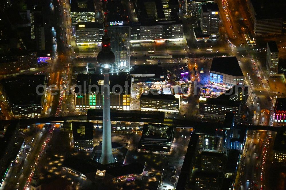 Aerial image at night Berlin - Night lighting Television Tower in Berlin in Germany