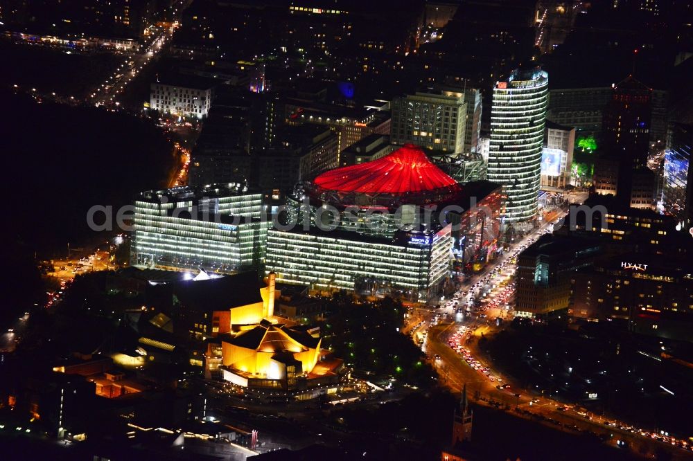 Aerial photograph at night Berlin - Festival of Lights downtown of the capital Berlin. To be seen in the picture is the Sony Center and the Potsdamer Platz. Warning: Commercial use on prior request only feasible at euroluftbild.de!