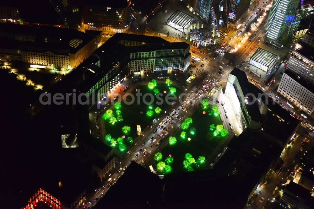 Berlin at night from above - Festival of Lights downtown of the capital Berlin. To be seen in the picture is the Sony Center and the Potsdamer Platz. Warning: Commercial use on prior request only feasible at euroluftbild.de!