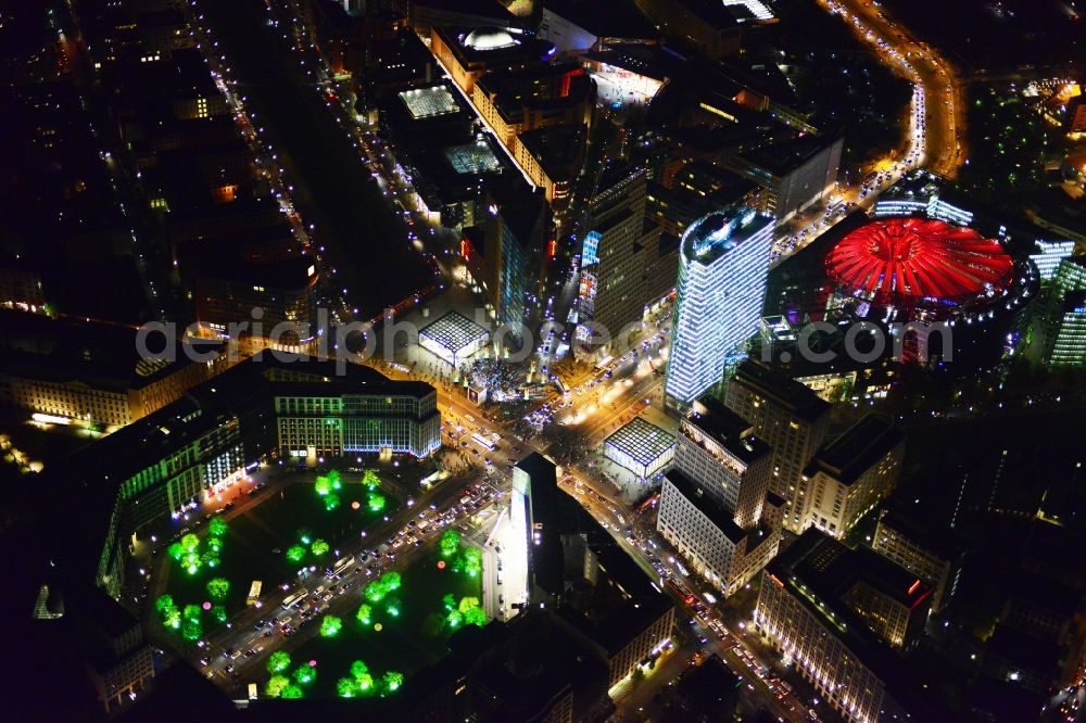 Berlin at night from the bird perspective: Festival of Lights downtown of the capital Berlin. To be seen in the picture is the Sony Center and the Potsdamer Platz. Warning: Commercial use on prior request only feasible at euroluftbild.de!