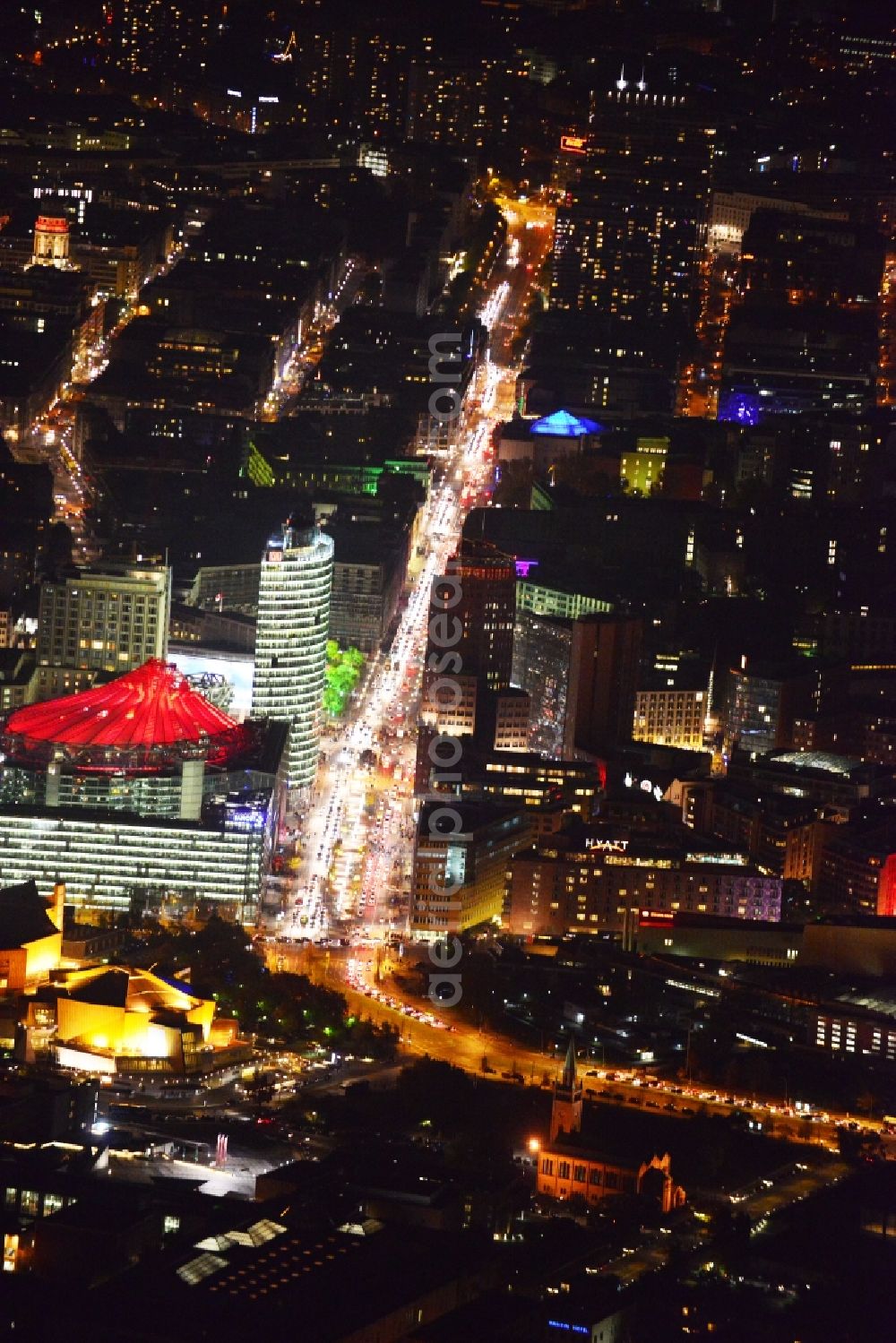 Aerial photograph at night Berlin - Festival of Lights downtown of the capital Berlin. To be seen in the picture is the Sony Center and the Potsdamer Platz. Warning: Commercial use on prior request only feasible at euroluftbild.de!