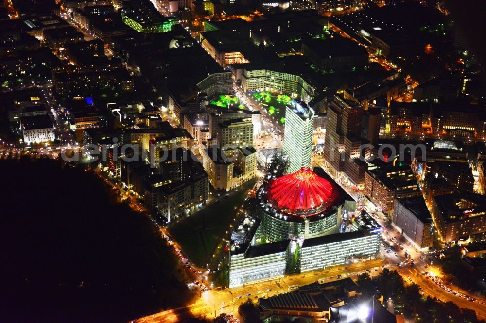 Berlin at night from the bird perspective: Festival of Lights downtown of the capital Berlin. To be seen in the picture is the Sony Center and the Potsdamer Platz. Warning: Commercial use on prior request only feasible at euroluftbild.de!