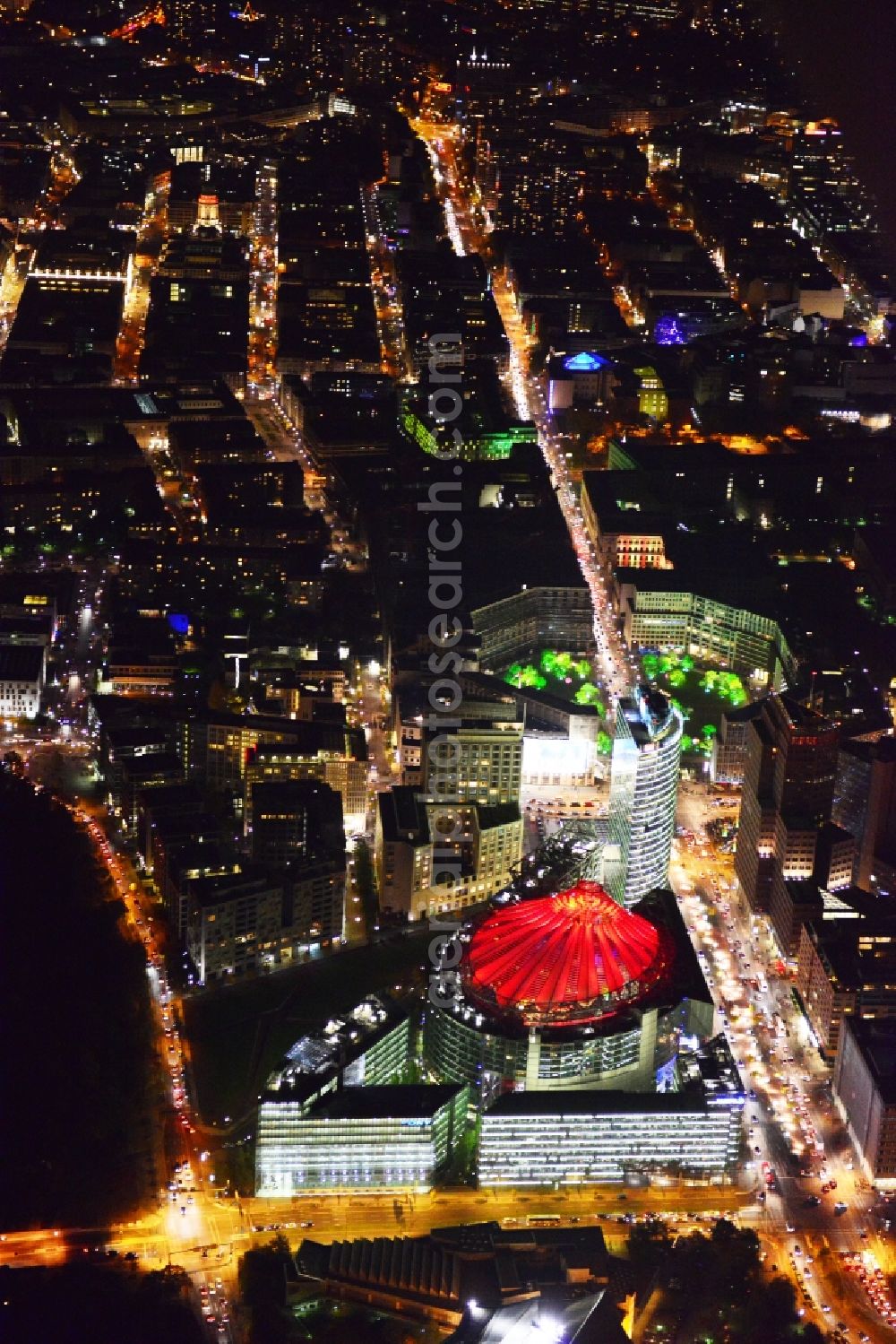 Aerial photograph at night Berlin - Festival of Lights downtown of the capital Berlin. To be seen in the picture is the Sony Center and the Potsdamer Platz. Warning: Commercial use on prior request only feasible at euroluftbild.de!