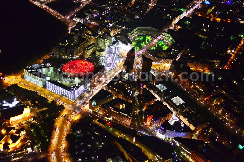 Aerial image at night Berlin - Festival of Lights downtown of the capital Berlin. To be seen in the picture is the Sony Center and the Potsdamer Platz. Warning: Commercial use on prior request only feasible at euroluftbild.de!