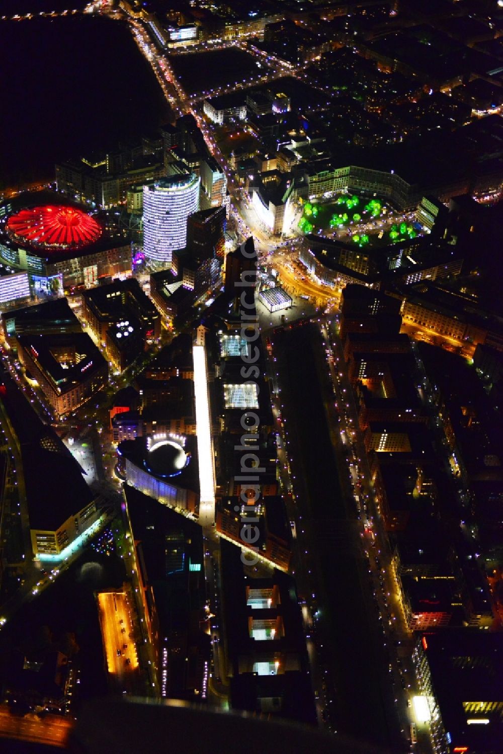 Berlin at night from the bird perspective: Festival of Lights downtown of the capital Berlin. To be seen in the picture is the Sony Center and the Potsdamer Platz. Warning: Commercial use on prior request only feasible at euroluftbild.de!