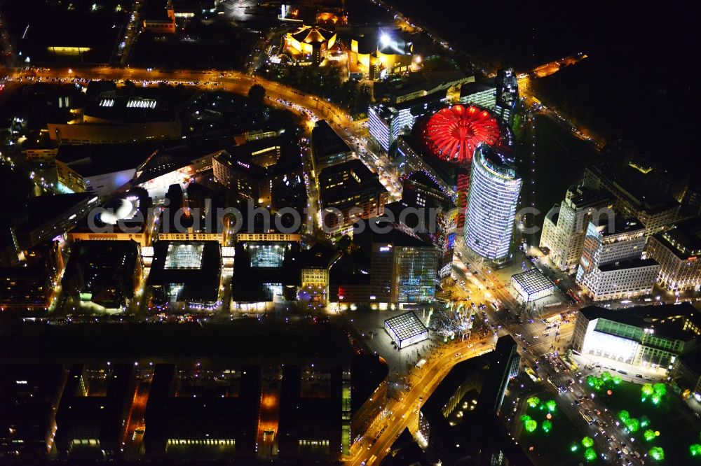 Aerial image at night Berlin - Festival of Lights downtown of the capital Berlin. To be seen in the picture is the Sony Center and the Potsdamer Platz. Warning: Commercial use on prior request only feasible at euroluftbild.de!