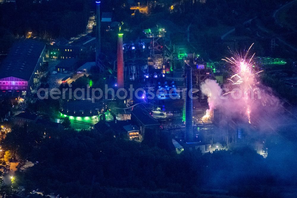 Aerial photograph at night Duisburg - Fireworks in the landscape park Duisburg-Nord in the Night of Industrial Culture in Action extra layer 2012