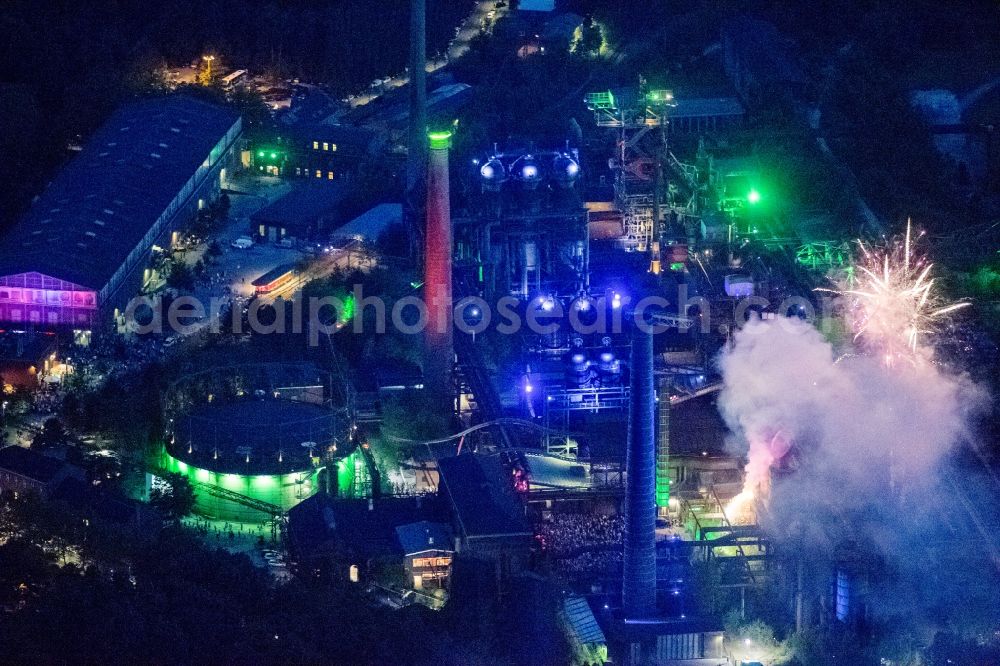 Aerial image at night Duisburg - Fireworks in the landscape park Duisburg-Nord in the Night of Industrial Culture in Action extra layer 2012