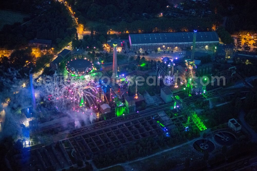 Duisburg at night from above - Fireworks in the landscape park Duisburg-Nord in the Night of Industrial Culture in Action extra layer 2012