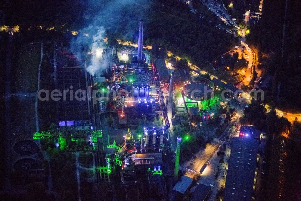 Aerial photograph at night Duisburg - Fireworks in the landscape park Duisburg-Nord in the Night of Industrial Culture in Action extra layer 2012